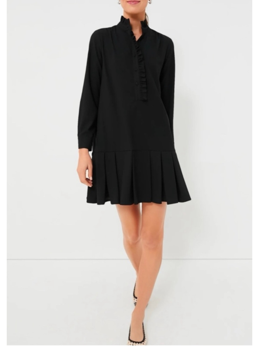 Tuckernuck Black Crepe Tate Dress XL Ruffle Drop Waist Pleated Mini Long Sleeve